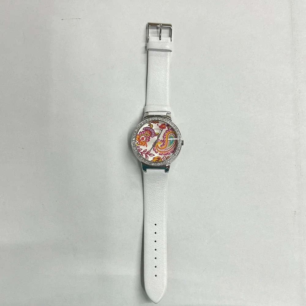 GUESS Paisley Dial Crystal Bezel Watch One Size White Leather Strap Boho Y2K